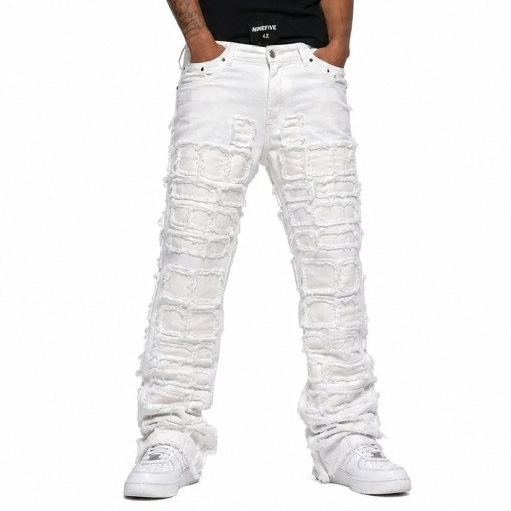 NINEFIVE Patchwork Jeans Mens 42 White Deconstructed Frayed Stacked Denim Grunge